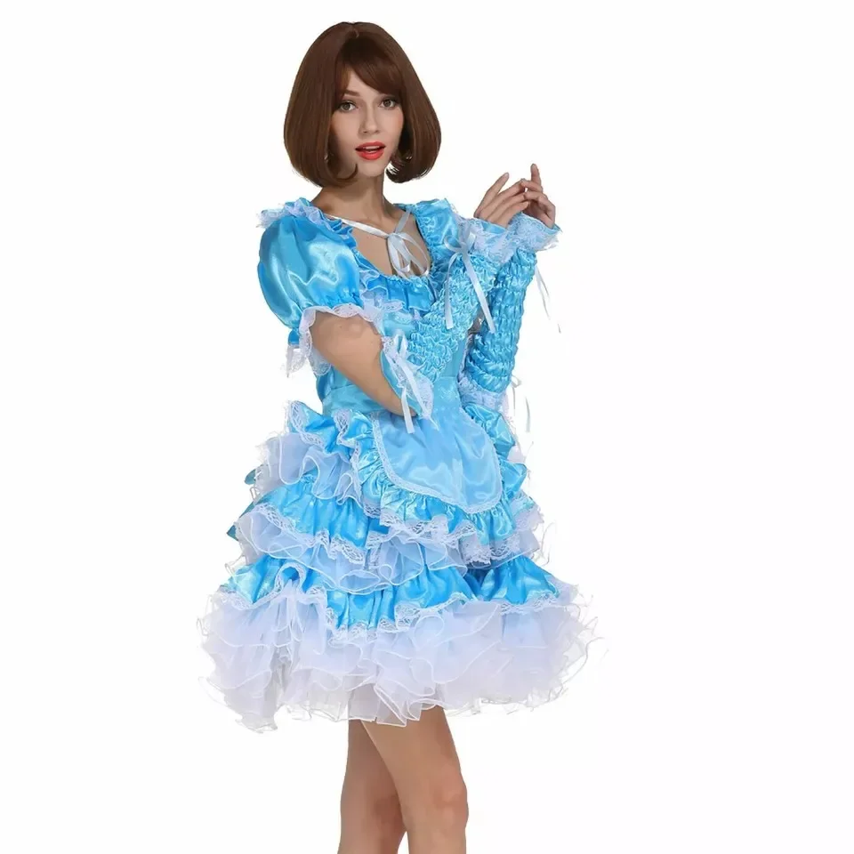 Сисси косплей милое сексуальное синее атласное запираемое платье для девочек