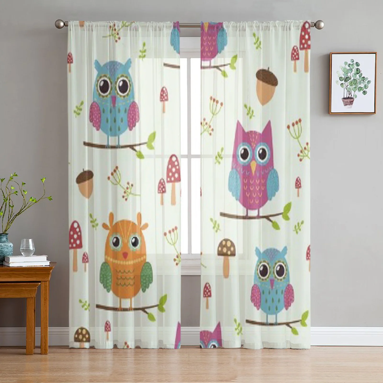 

Тюлевые занавески с изображением леса и милыми совами, для гостиной, прозрачная занавеска из органзы для спальни, декоративные шторы для ок...