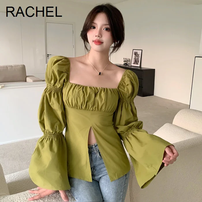 

Топ облегающий с квадратным вырезом и длинными рукавами-фонариками