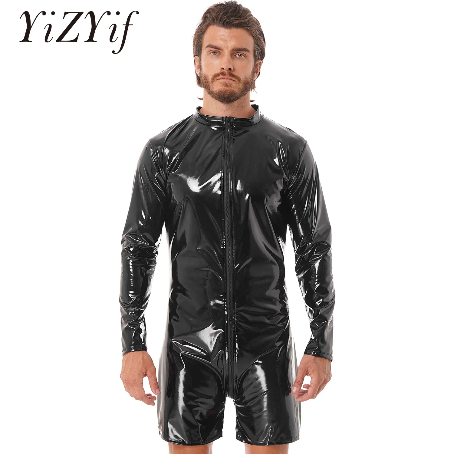 

Mens Latex Catsuit Wet Look Patent Leather Romper Jumpsuit Long Sleeve Bodysuit Sexy Party Club Pole Dancing Stage Costume