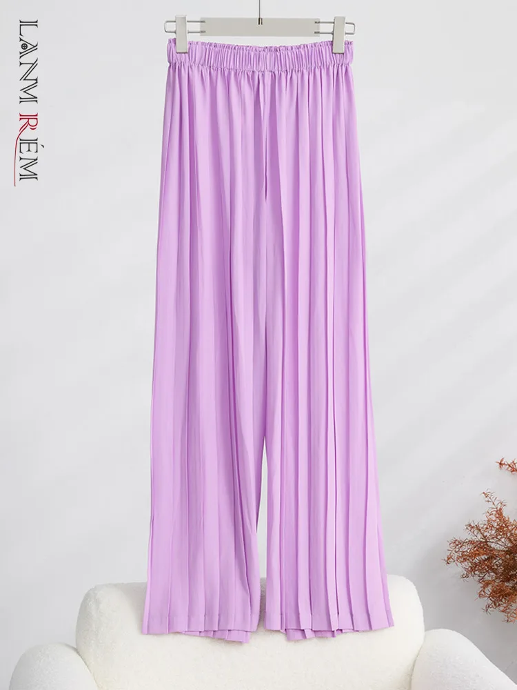 

LANMREM Casual Straight Pleated Pants For Women High Elastic Waist Fold Wide Leg Trousers Female Clothing 2023 New 32D388