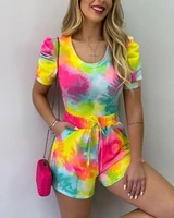 womens 2 piece set womens casual tie dye print puff sleeve top and drawstring shorts set