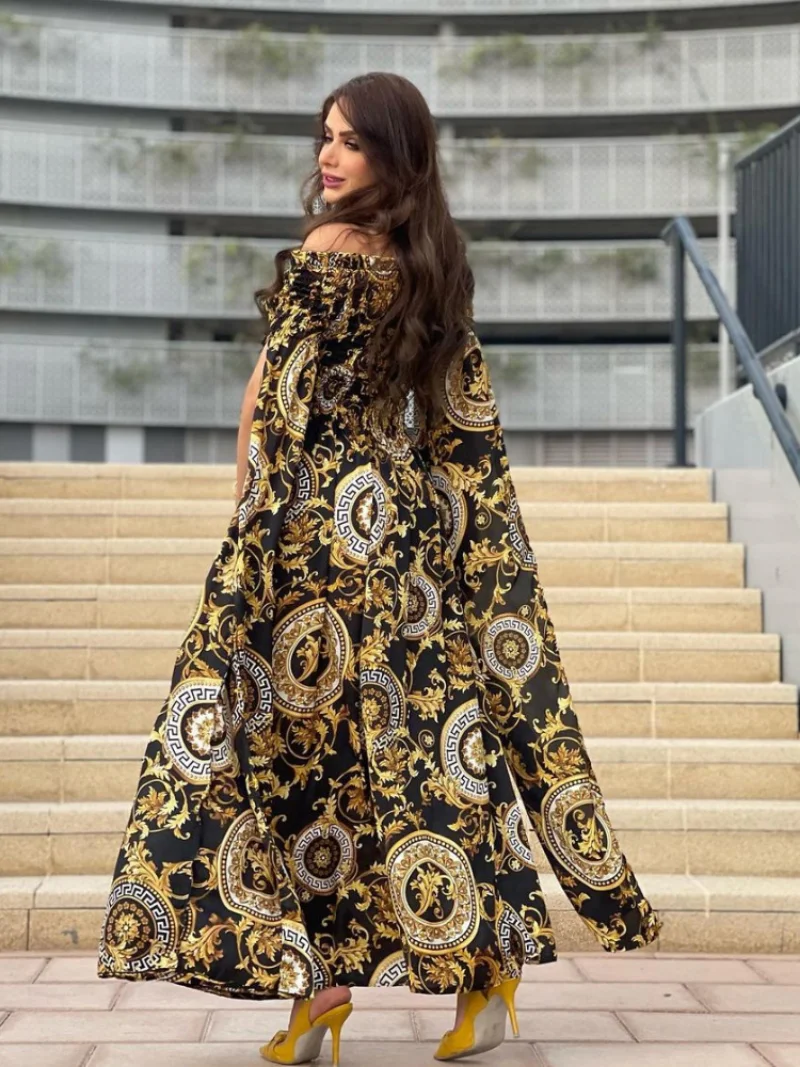 Turkey Muslim Party Dress Gold Print Abaya Dresses Women 2023 Eid High Street Luruxy Evening Dress with Cloak Robes Vestidos
