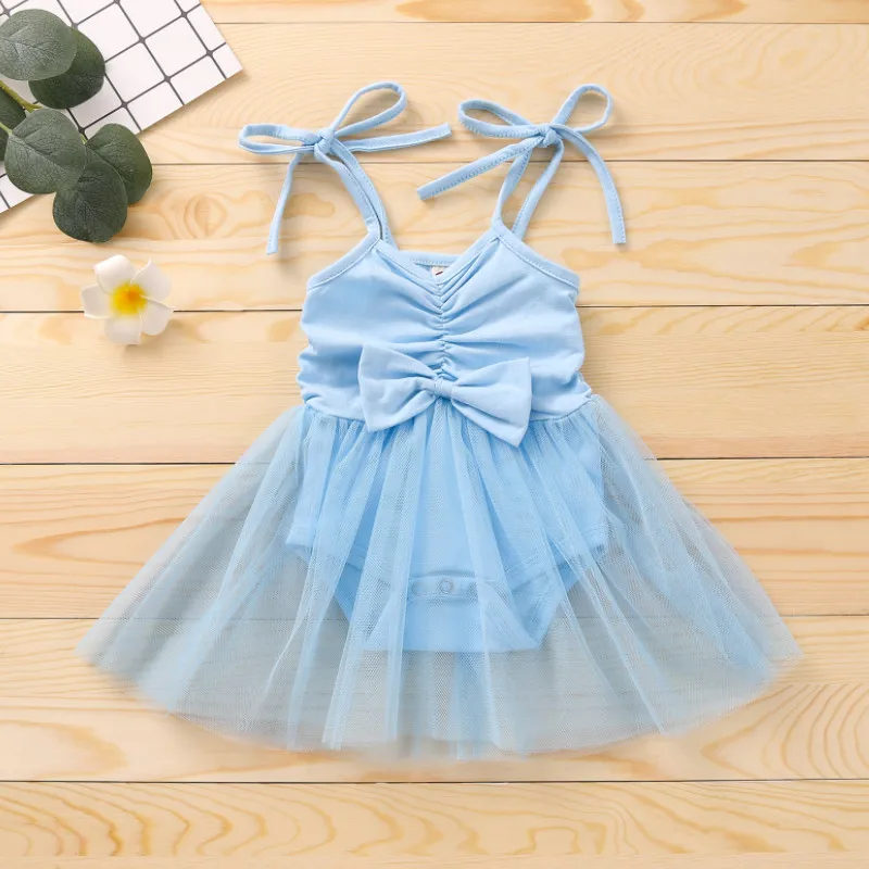 

Детское платье на бретельках, боди с украшением в виде банта, сетчатая шитая Милая Стильная летняя одежда с бантом