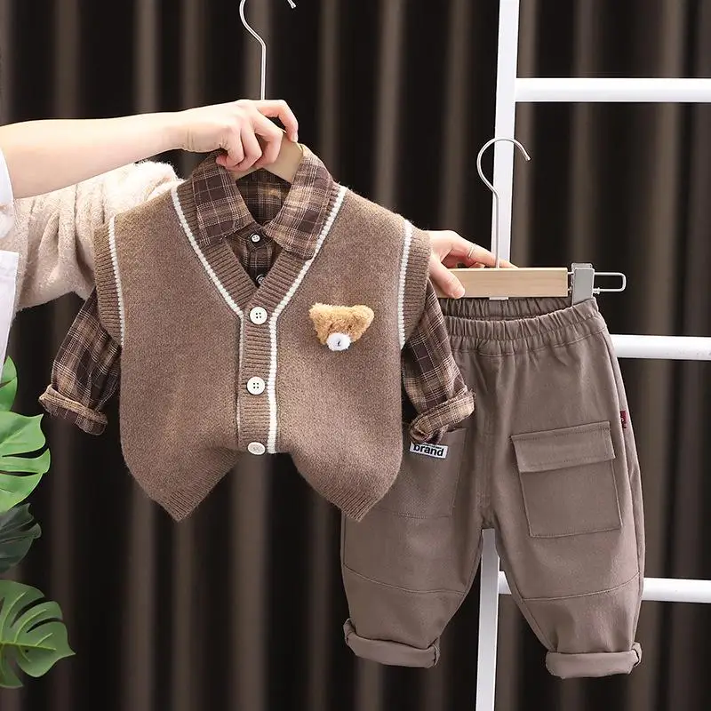 

2023 Baby Boy Children Gentleman Outfit Clothes 3Pc Set Vest Cartoon Bear Shirt Pant Autumn Clothes Fall Clothing 2-6 Years