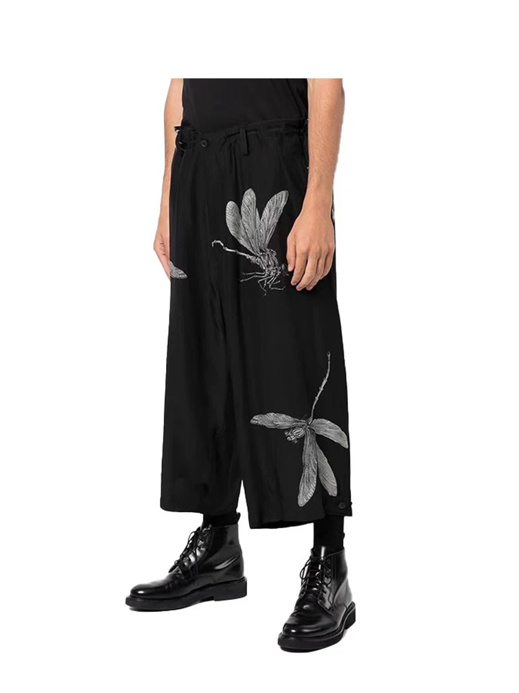 Dragonfly printing pants yohji pants yohji yamamotos Unisex wide leg pants Owens pants dark style pants for man's clothing