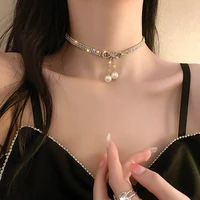 fashionable pearl diamond bow shiny temperament choker necklace for women korean fashion necklaces birthday party jewelry gifts