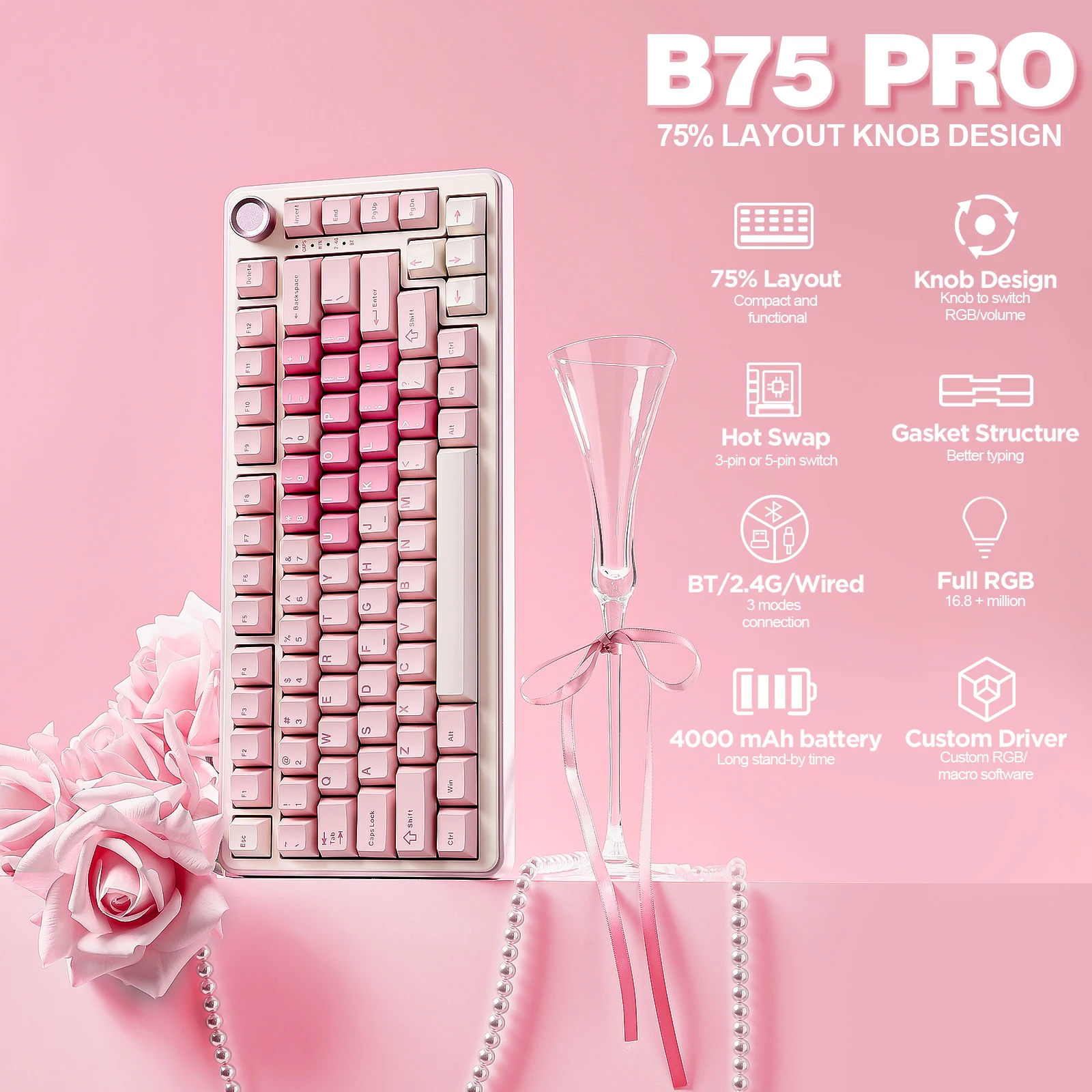 Фото YUNZII B75 PRO Розовая беспроводная механическая игровая клавиатура, 75% кремовая клавиатура с ручкой, прокладка, горячая замена, пользовательская RGB-подсветка Keeb №2