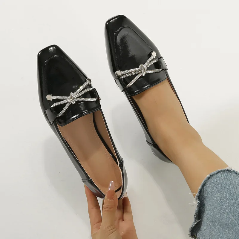 plus size 36-42 crystal bow-knot flats shoes women loafers  square toe soft leather fashion design shoes ladies loafers woman