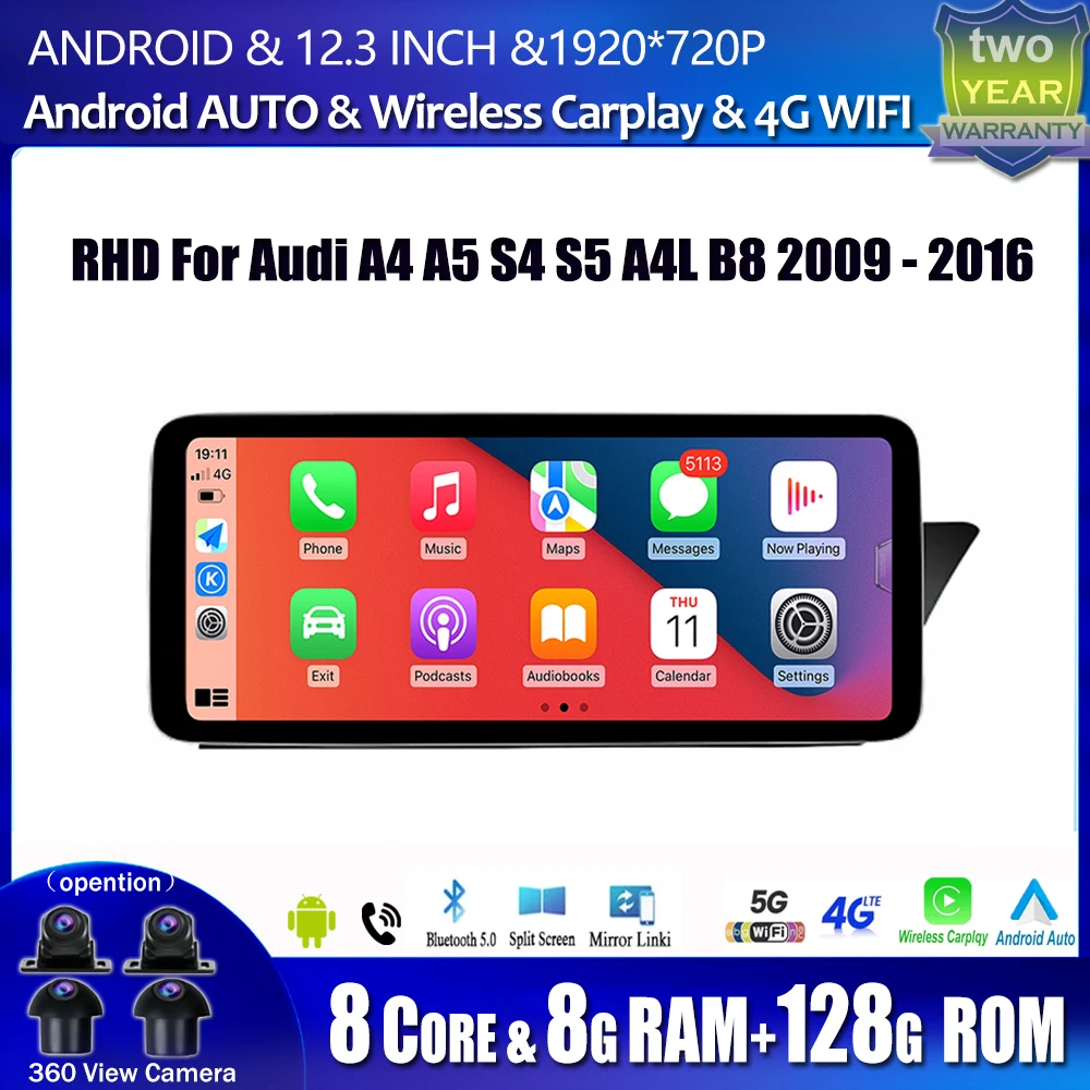 Carplay Android Auto 12 3-дюймовый RHD для Audi A4 A5 S4 S5 A4L B8 2009-2016 Автомобильный мультимедийный