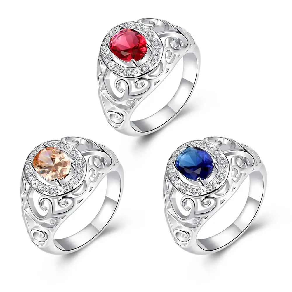 

Stone Cutout Ring Silver Plated Ring Cutout Design Set with Blue Oval Zircon R002-C-8
