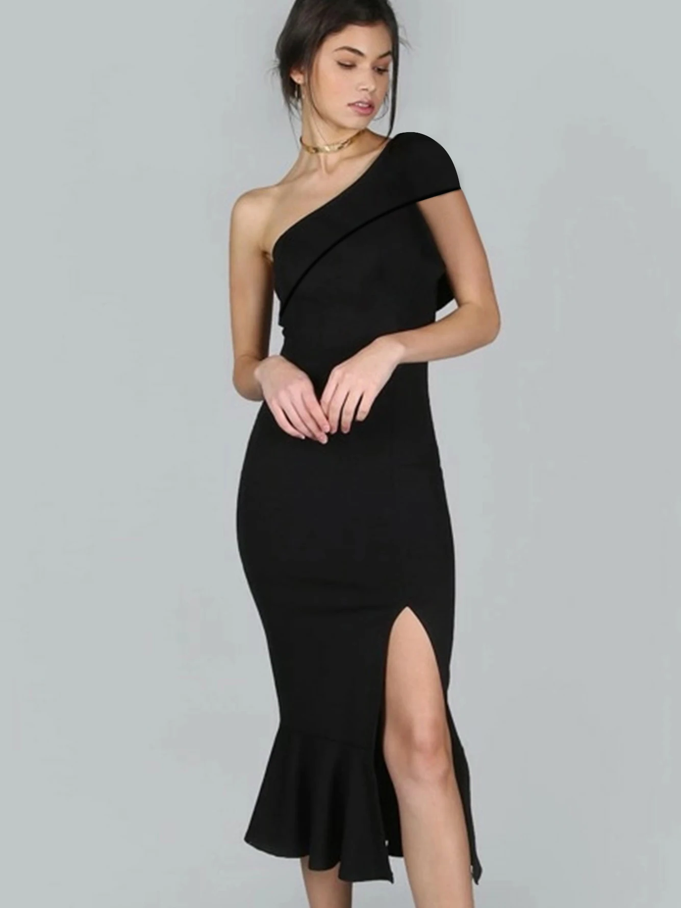 

Adyce 2022 Summer One Shoulder Midi Women's Trumpet Bandage Dress Elegant Black Evening Night Club Celebrity Party Bodycon Dress