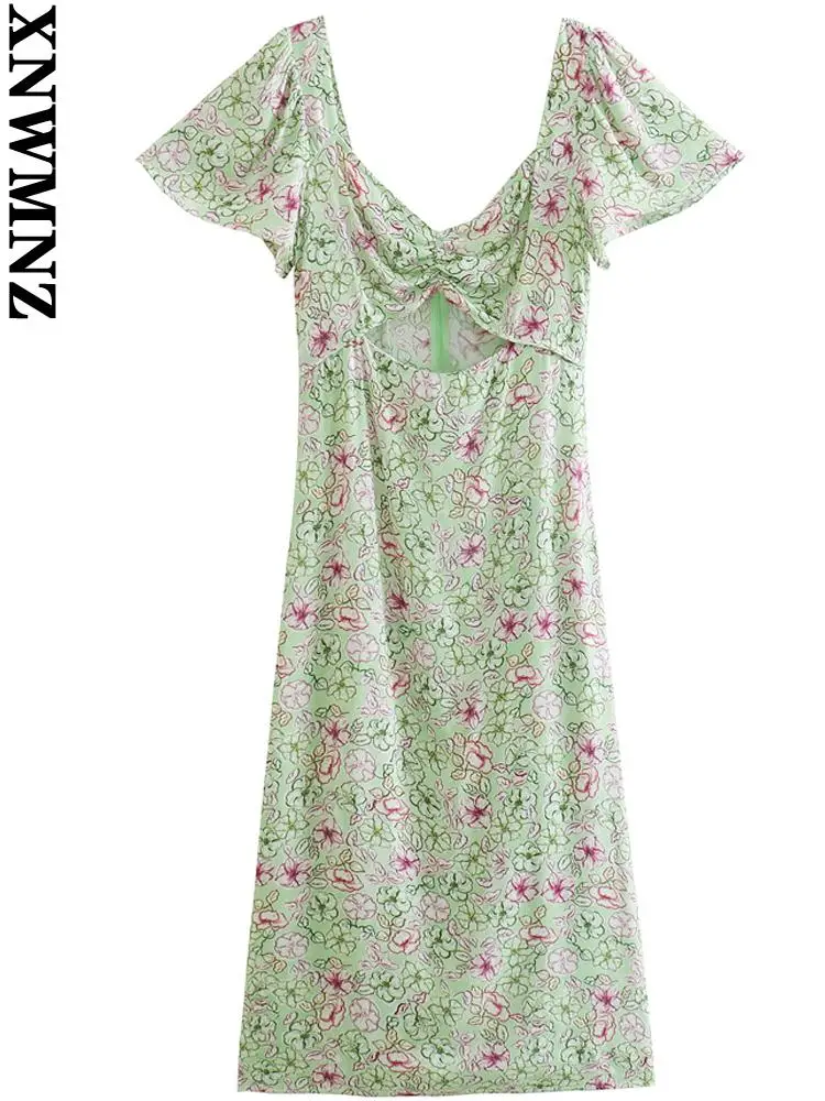 

XNWMNZ Women fashion front hollow out floral print midi summer dress vintage short sleeve zipper female dresses vestidos muje