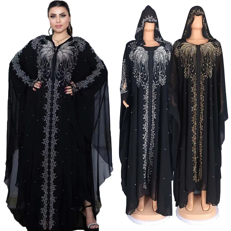 

Muslim Chiffon Diamonds Abaya Eid Hooded Women Dress Turkey Africa Dashiki Evening Gown Dubai Boubou Traditional Femme Musulmane