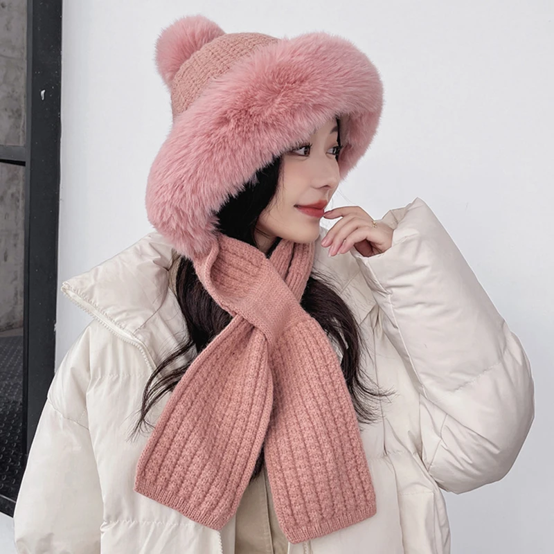 

Winter Warm Knitted Hat Fur Women Hat with Earflap Two Balls Lady Outdoor Thicken Plush Fluffy Cap Russian Hats for Women