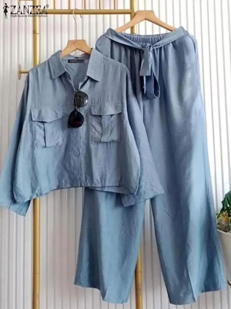 ZANZEA 2024 Осенние одинаковые комплекты из 2 предметов женские рубашек с длинными
