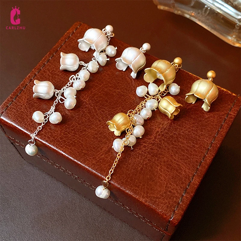 

Ассиметричные серьги-подвески с пресноводным жемчугом и цветком, женская бижутерия