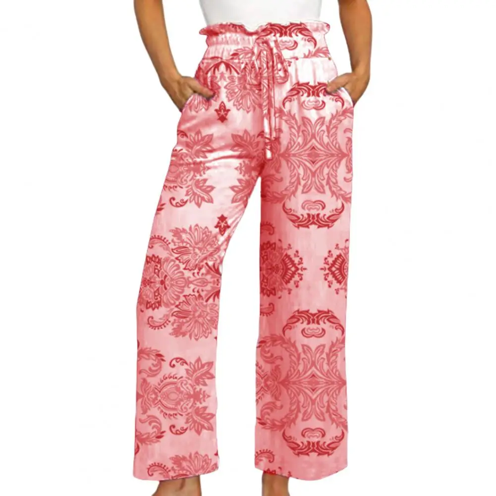 

Pants Women 2022 Ruffle Sheer Mid-Rise Vintage Pattern Drawstring Elastic Waist Casual Wide Leg Trousers Female Clothing