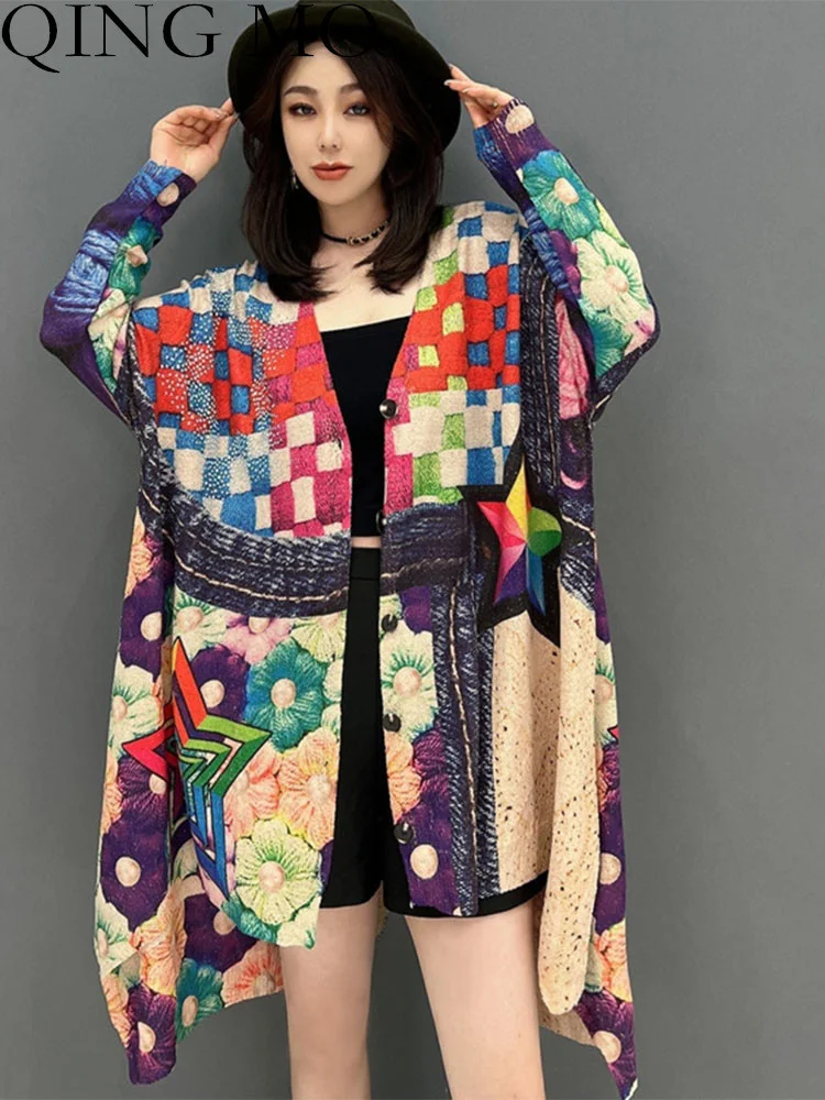 

QING MO Women Color Printing Irregular Sweater Loose Mid-length Long Sleeves Cardigan Knitted Sweater 2023 Autumn LHX1439A