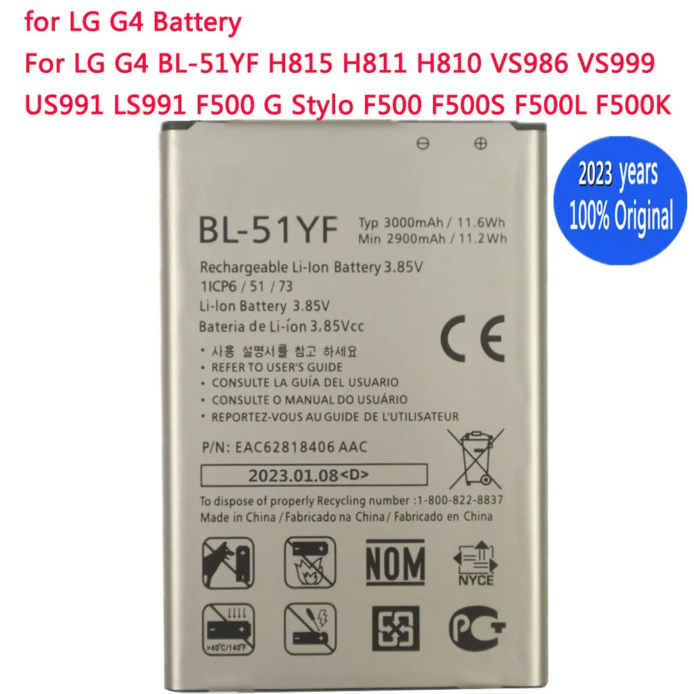 

2023 Years New G4 Battery for LG G4 BL-51YF H815 H811 H810 VS986 VS999 US991 LS991 F500 G Stylo F500 F500S F500L F500K Bateria