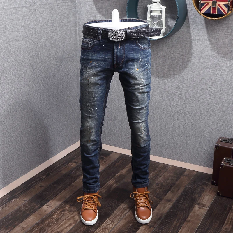 Streetwear Fashion Men Jeans Retro Blue Stretch Slim Ripped Jeans Men Destroyed Trousers Painted Designer Vintage Pants Hombre