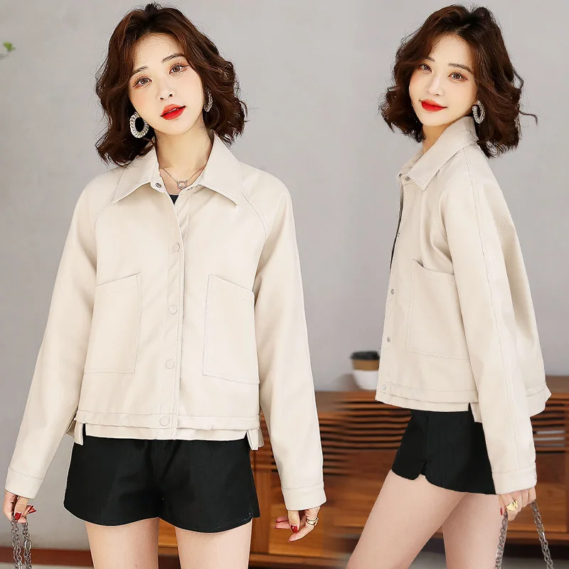 KoHuiJoo Green Short Leather Coat Women Korean 2022 Spring Autumn Fashion Popular PU Leather Jacket Loose Drawstring Pocket