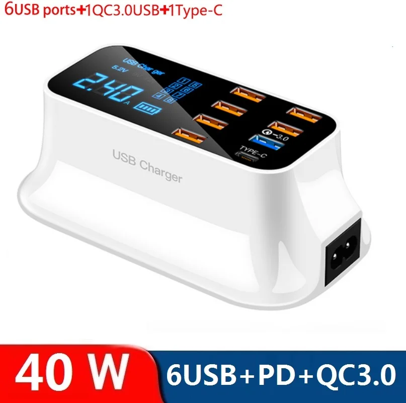 

40W 8Ports PD QC3.0 Type C Smart USB Charger Phone Holder Wall Adapter Fast Charge Socket Station Hub for Iphone Samsung Huawei