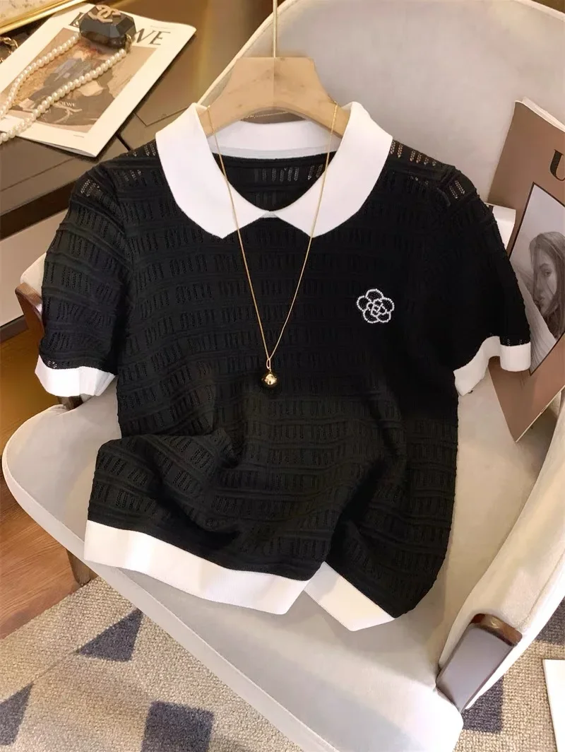 Женский винтажный свитер с коротким рукавом трикотажная футболка цветочным