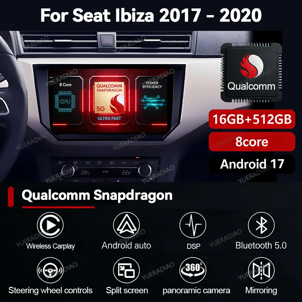 Фото Автомагнитола Android 17 для Seat Ibiza Arona 2017-2020 с GPS-навигацией, QLED, Bluetooth, 2DIN, процессором Qualcomm, мультимедийным видеоплеером №1