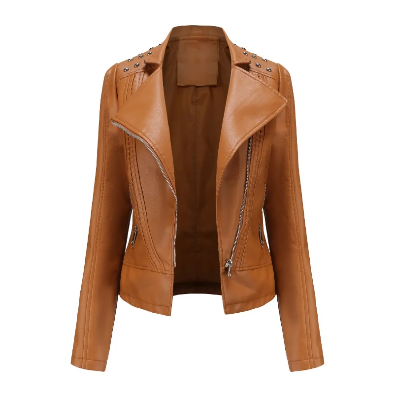 Spring and Autumn Thin Section Long-sleeved Fashion Jacket Lapel Motorcycle Suit Women's Beaded Leather Jacket
