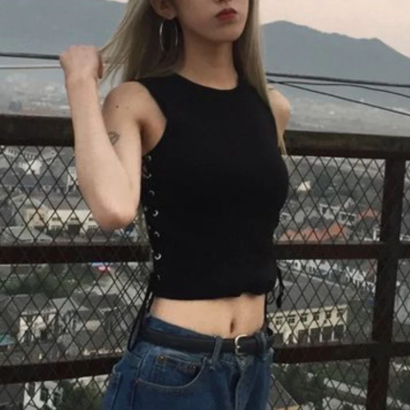 Укороченные топы майки женская одежда дизайн на шнуровке сексуальные летние
