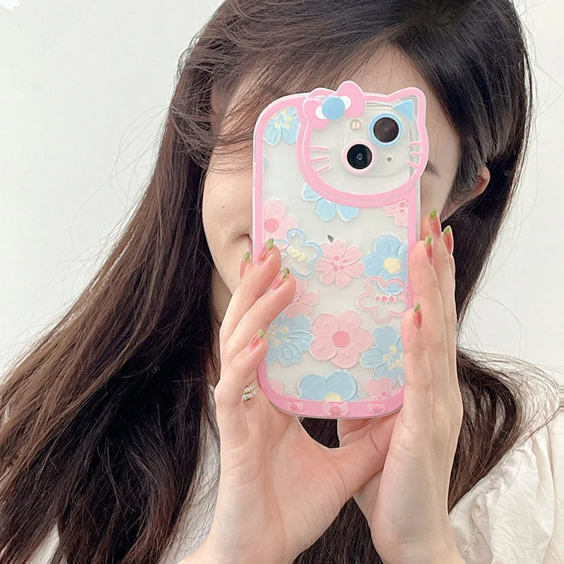 

INS Flowers Hello Kitty Creative Lens Phone Cases For iPhone 13 12 11 Pro Max XR XS MAX X Lady Girl Shockproof Soft Cover Gift