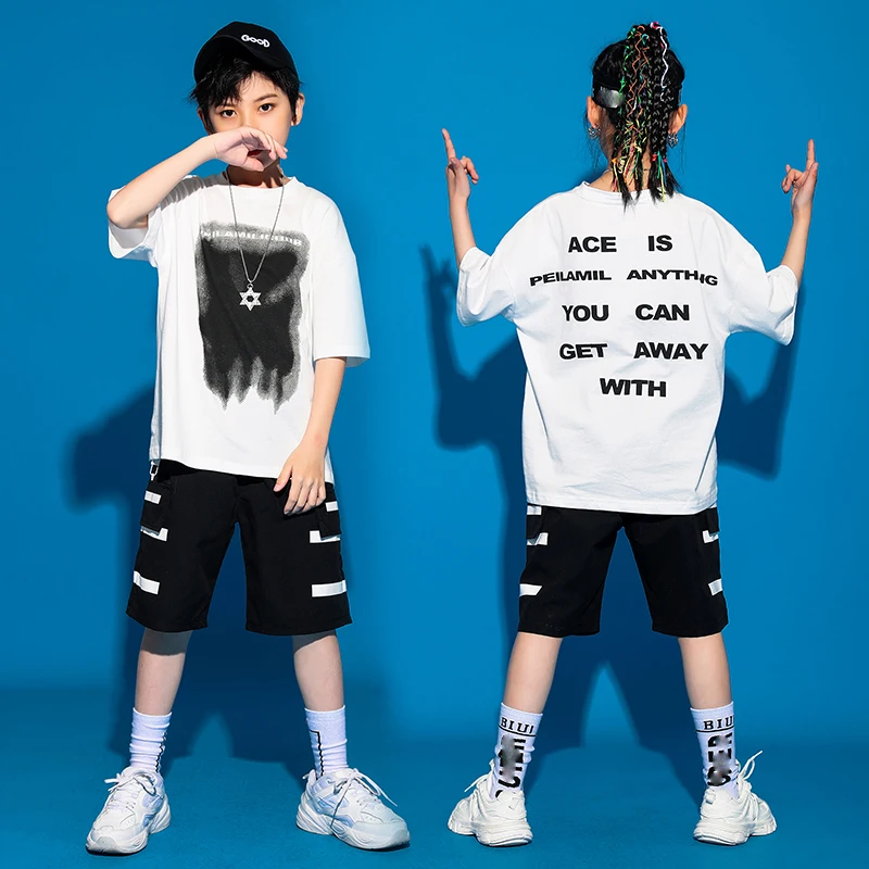 

2022 Loose Short Sleeved Shorts Hip Hop Dance Costumes For Kids Children Jazz Modern Dance Clothes Performance Clothes 120-170