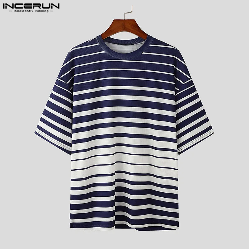 INCERUN 2024 Модные мужские градиентные полосатые трикотажные футболки в Корейском