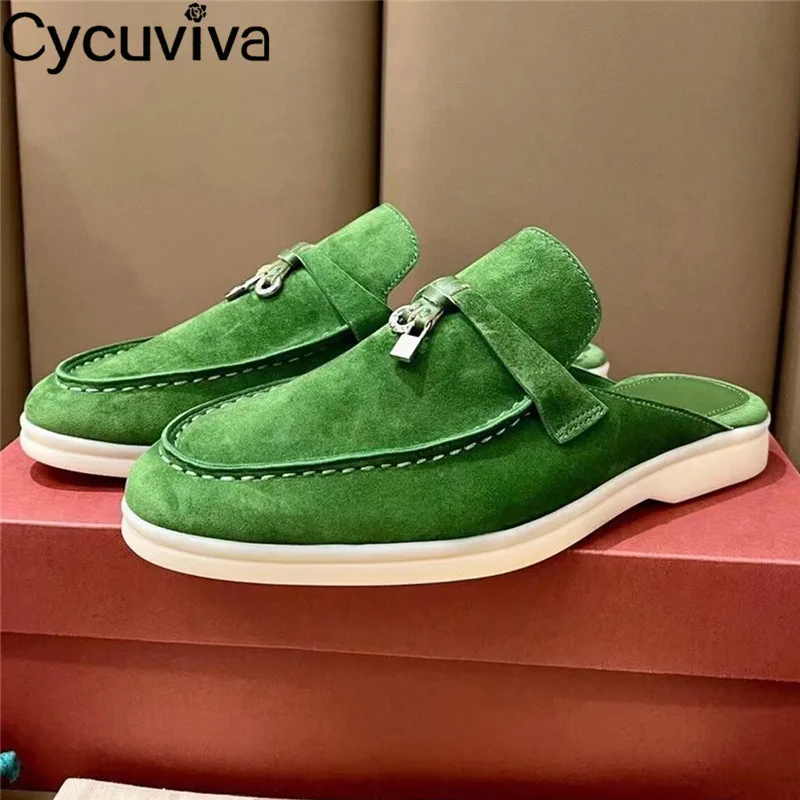 

2022 Classic Platform Half Slippers Women Kidsuede Summer Walk Slides Slip On Metal Decor Flat Casual Shoes For Woman Slippers