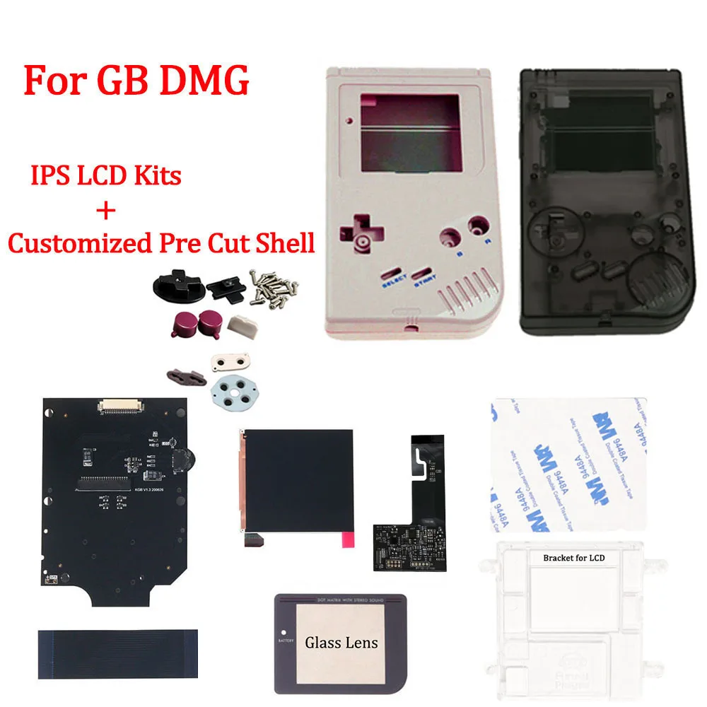 GB DMG IPS V2 LCD Screen Kits &Customized Pre-Cut Housing Shell With logo for GameBoy Classic GB DMG with button and rubber pads
