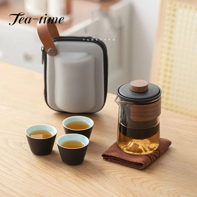 Retro Black Pottery 1 Pot 3 Cups Tea Set Outdoor Ceramic Travel Teaware Portable Glass Teapot with Filter Kung Fu Tea Maker Set