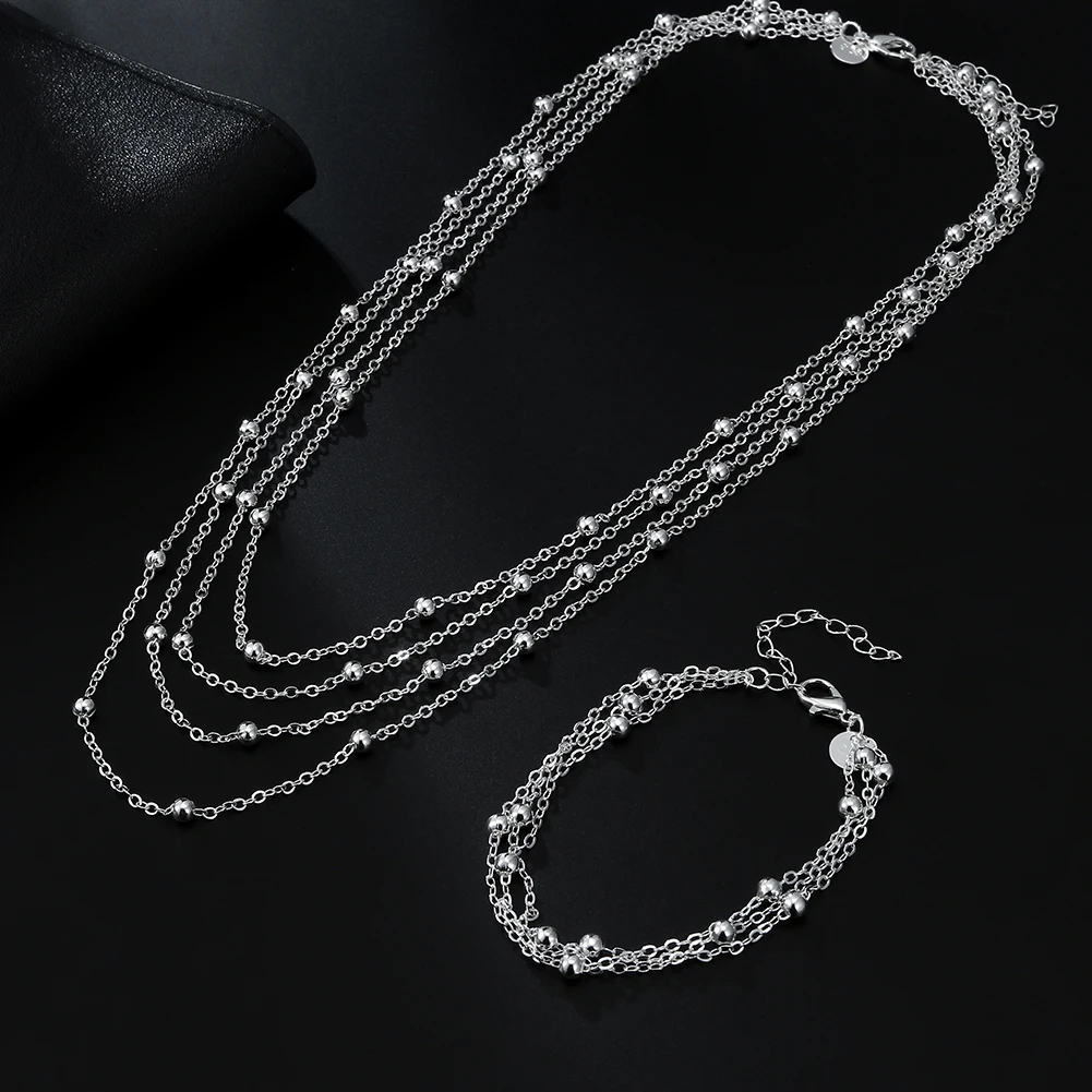 

Fine 925 silver color Chain beads Bracelet Necklace Charm Women lady wedding jewelry Set lovely Christmas gift