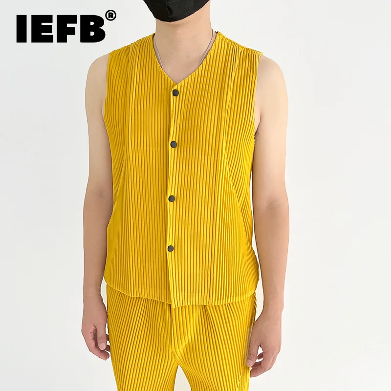 

Жилет IEFB мужской плиссированный, однобортный Топ без рукавов в японском стиле, с V-образным вырезом, имитация двух предметов, 9C2650