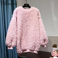 2022 thickened sheep solid color sweatshirt women round neck long sleeve furry coat female lamb woolen korean pullover