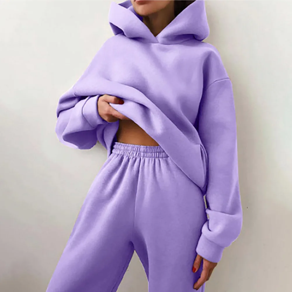 Women's Tracksuit Casual Solid Long Sleeve Hooded Sport Suits Autumn Warm Hoodie Sweatshirts And Long Pant Fleece Two Piece Sets