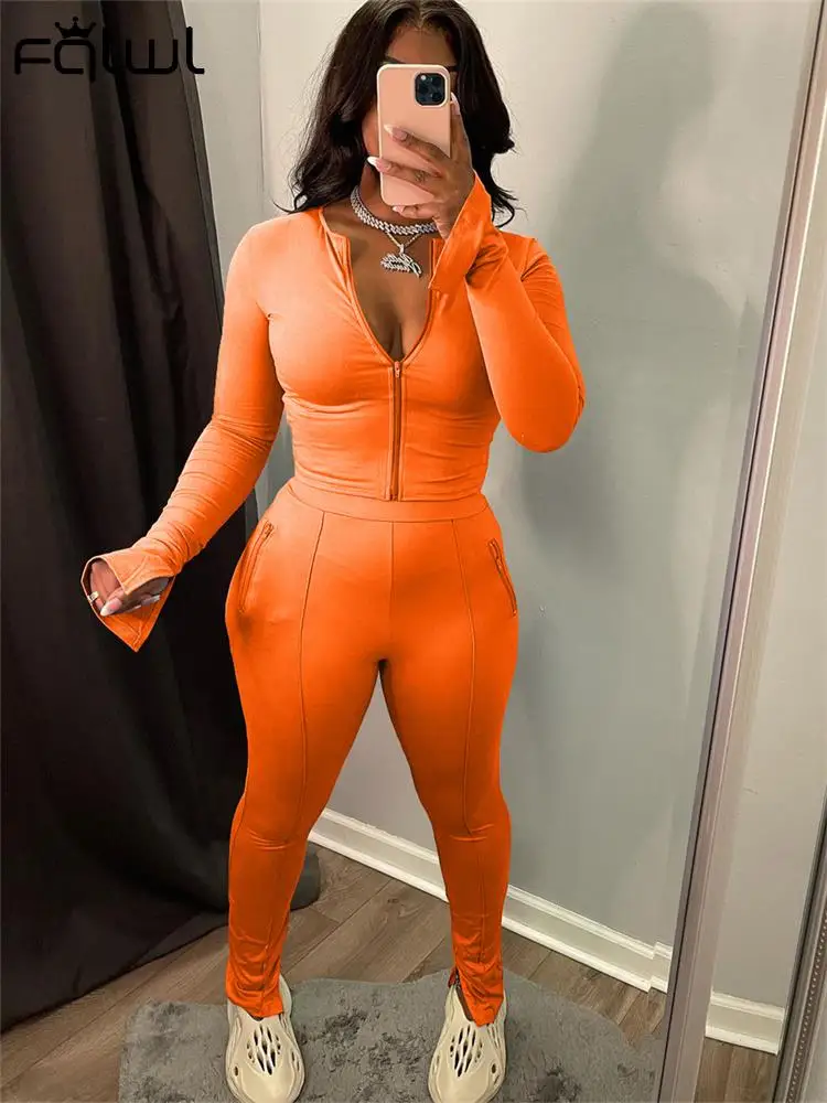 

Женский облегающий комплект одежды из 2 предметов, укороченный топ на молнии с длинным рукавом и синие оранжевые брюки, серого цвета, на лето...