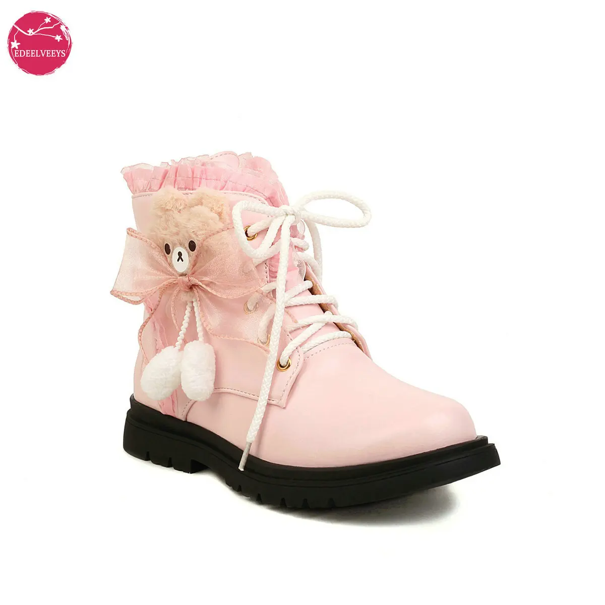 

Lolita Martin Boots Short Plush Inner Women Round Toe Thick Bottom Sweet Puppets Kawaii Pom Poms Jk Uniform Shoes Side Zipper