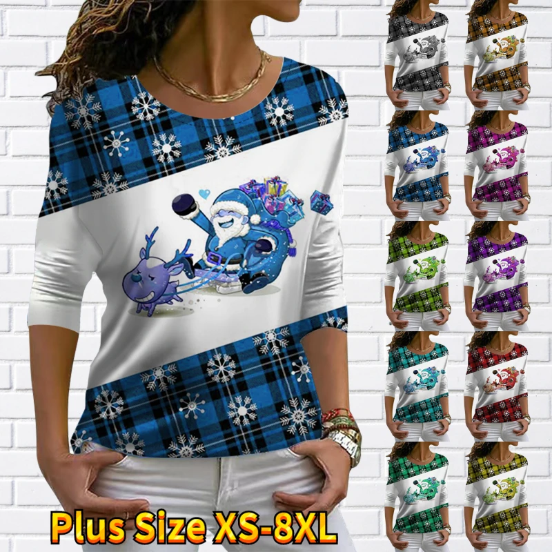 

Женская Винтажная футболка с длинным рукавом, элегантный пуловер оверсайз с круглым вырезом и принтом Санты, Осень-зима 2022