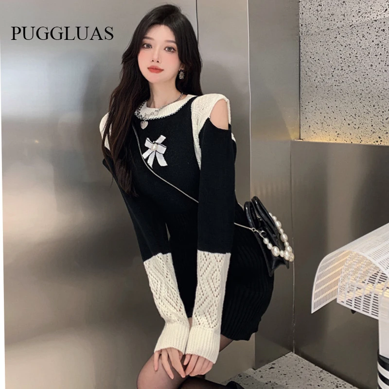 Купи 2022 Autumn Women Knitted Dress Black White Patchwork Hollow Off The Shoulder Mini Dress Bodycon Slim Knitdress Party Dresses за 1,259 рублей в магазине AliExpress