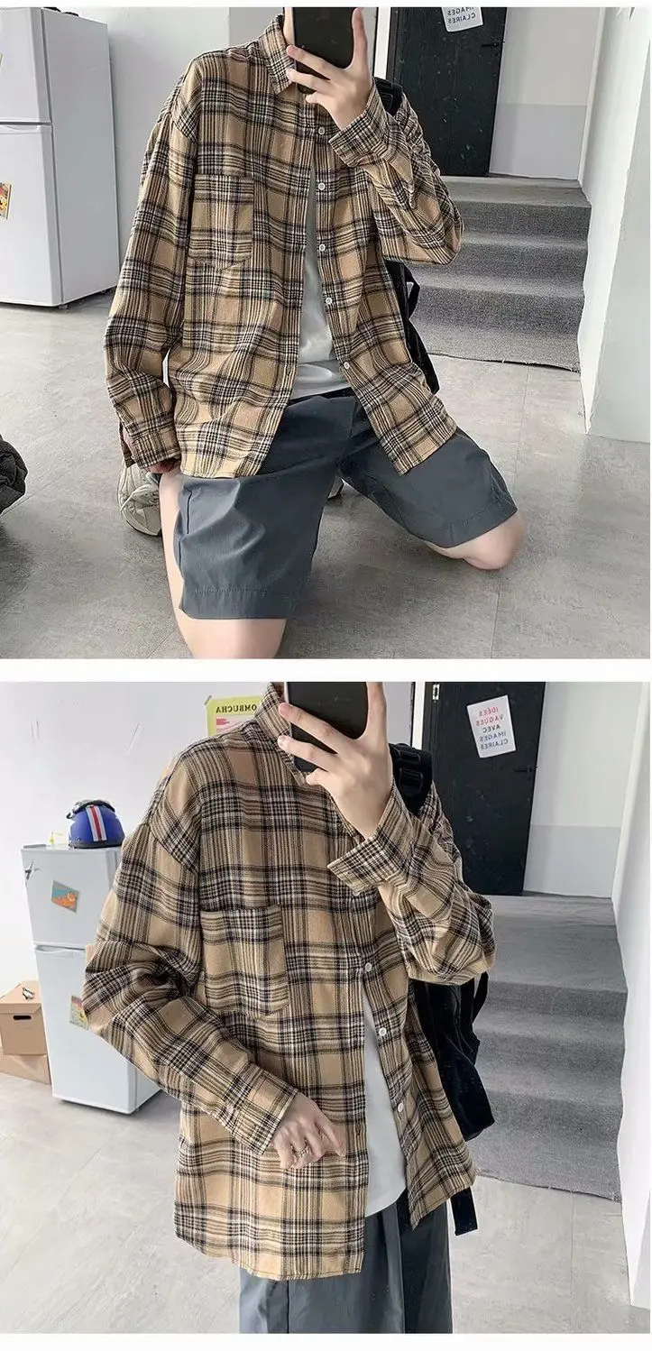 Summer Autumn Versatile Men's Cool Casual Loose Tess Button T-Shirt Soft Long Sleeve College Style Plaid Student Sport