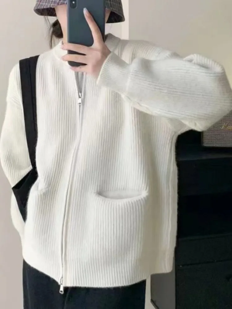 Женский кардиган с двойной молнией повседневный Вязаный Свитер оверсайз одежда