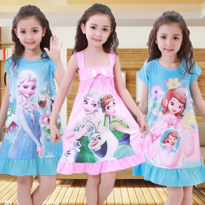 Frozen Anna Elsa Olaf Girls Dress Summer Cartoon Children Clothes Short Sleeve Pajamas Snow Queen Princess Dress Kids Sleepwear