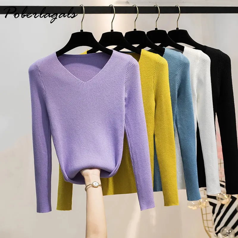 Autumn and Winter V-neck Knitted Long-Sleeved sweater Slim Tight Bottoming Shirt  Fashion Retro Pullover Thin Sweater Women