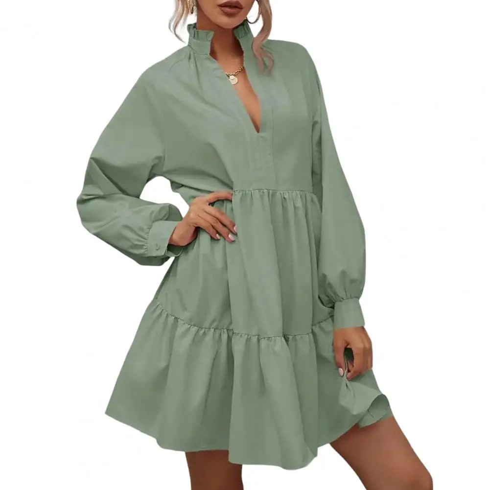 

Mini Dress Stand Collar Summer Dress Pleated Cake Hem A-Line Dress